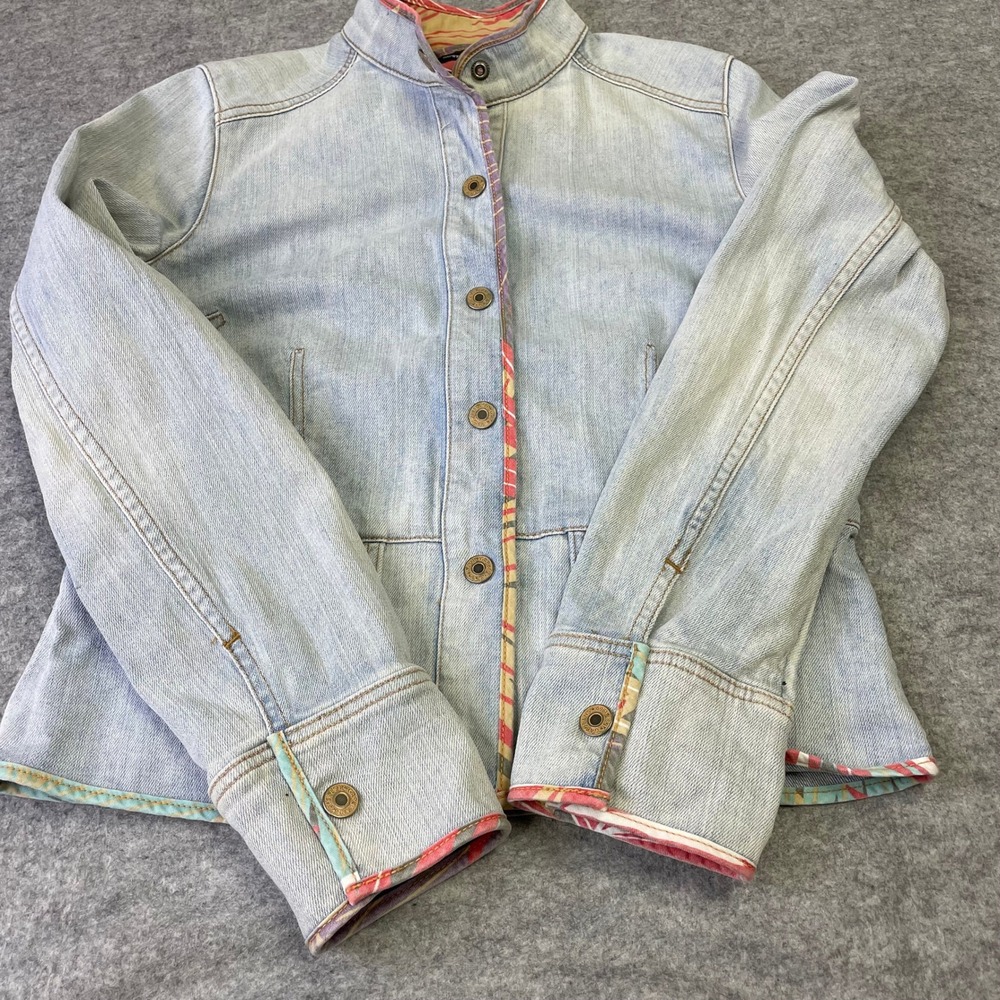 Y2K Gap Stretch Light Wash Mandarin Collar Denim Jacket M Tropical Lining VTG - Picture 11 of 16